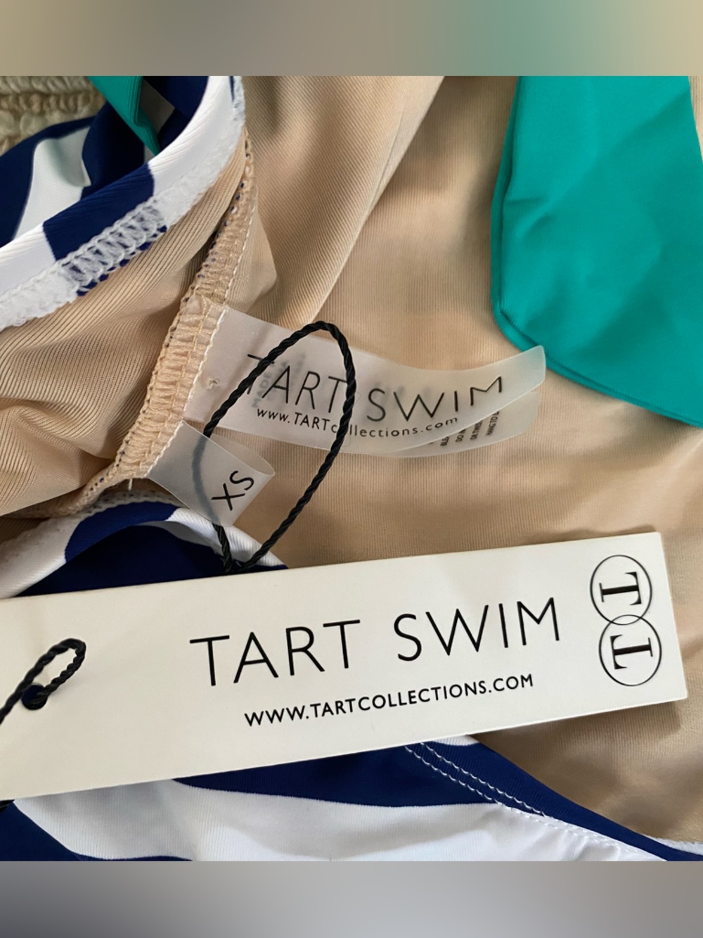 NWT Tart One-Piece Swimsuit Navy & White Stripe w/ Teal Band Nautical Coastal XS - Picture 4 of 5